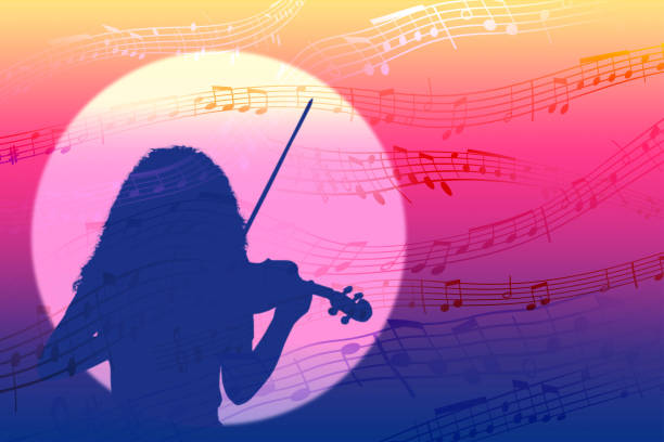 istock Musical background with notes. Silhouette of a violinist girl playing against the backdrop of sunset or dawn. 1216329515