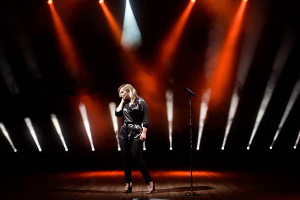 istock Singer on scene in the club. Bright stage lighting. 1216331346