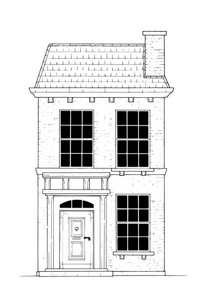 illustrations, cliparts, dessins animés et icônes de dessin de la maison de terrasse classique - illustration en noir et blanc - row house illustrations