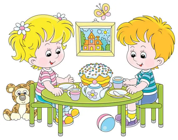 Vector illustration of Small children with a fancy Easter cake