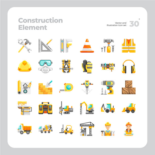 вектор плоские иконки набор строительного инструмента и оборудования - дорожный отражатель stock illustrations