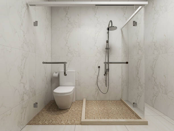 istock 3D rendering,Clean modern residential bathroom and toilet design, which is equipped with washstand, toilet and shower equipment, etc. 1216334839