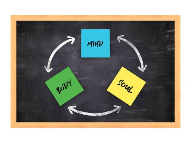 istock MIND SOUL BODY Words Sticky Notes on Chalkboard Frame - 3D Rendering 1216335063