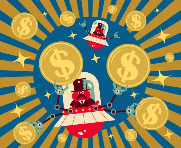 Vector illustration of Bizarre funny alien on UFO (UFO catcher) catches dollar sign currency coins