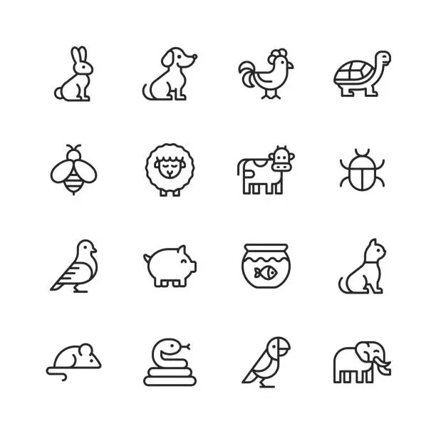 Vector illustration of Animal Line Icons. Editable Stroke. Pixel Perfect. For Mobile and Web. Contains such icons as Rabbit, Bunny, Dog, Chicken, Turtle, Bee, Sheep, Cow, Pig, Cat, Snake, Mouse, Elephant, Parrot.