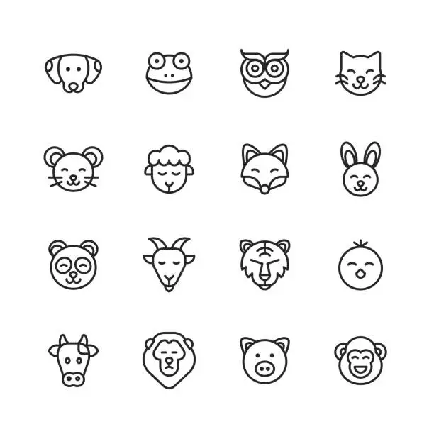 Vector illustration of Animal Line Icons. Editable Stroke. Pixel Perfect. For Mobile and Web. Contains such icons as Dog, Frog, Owl, Bird, Cat, Kitten, Mouse, Sheep, Fox, Bunny, Panda, Goat, Lion, Tiger, Chick, Cow, Pig, Monkey.