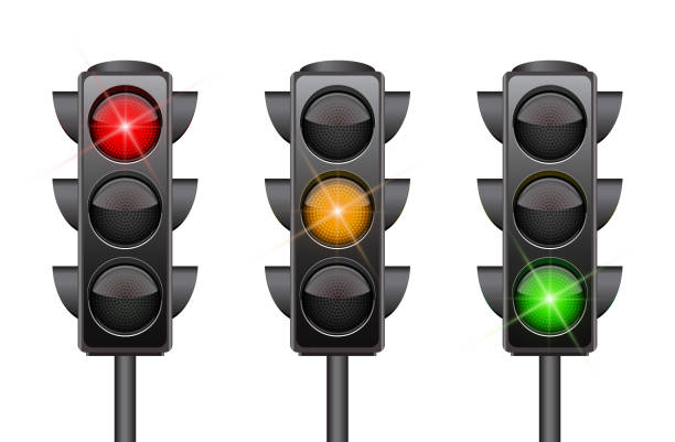 Traffic lights with all three colors on. Traffic lights with all three colors on. Photo-realistic vector illustration isolated on white background crossroads sign illustrations stock illustrations