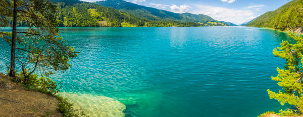 Panoramic view over lake Weissensee in Austria