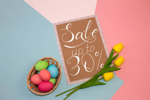 istock Holiday card, Easter banner with text - a discount of 30 per cent 1216337600