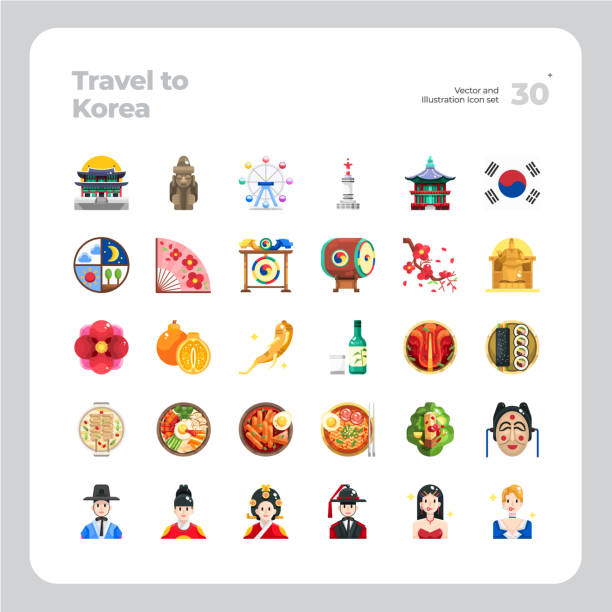 Vector Flat Icons Set of Travel to Korea Vector Icon and Illustration Design. All Icon design based on 64x64.  Design for Website, Mobile App and Printable Material. Easy to Edit & Customize. korean icon stock illustrations