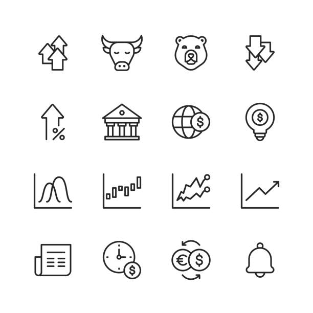 Stock Market Line Icons. Editable Stroke. Pixel Perfect. For Mobile and Web. Contains such icons as Stock Market, Currency Exchange, Cryptocurrency, Savings, Investment, Bull Market, Bear Market, Data, Graph, Technical Analysis, Growth, Recession. 16 Stock Market Outline Icons. trader wall street stock market analyzing stock illustrations