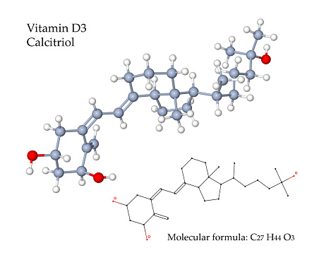 Vitamin D3 Calcitriol is the active form of vitamin D. Drugs and supplements are used for treatment of osteoporosis, hypocalcaemia, rickets, kidney disease and immune support - 3d illustration of molecular structure and chemical formula
