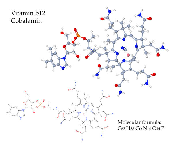 vitamina b12 cobalamina - ilustración 3d de la estructura molecular - structural formula fotografías e imágenes de stock