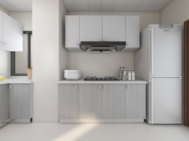 istock 3D rendering,Modern family kitchen design, new cabinets and kitchenware with refrigerators, sunlight from the window. 1216340756