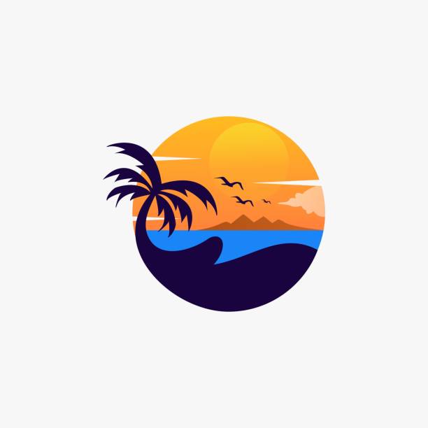 illustrazioni stock, clip art, cartoni animati e icone di tendenza di vector illustration beach landscape stile badge vintage. - tramonto immagine