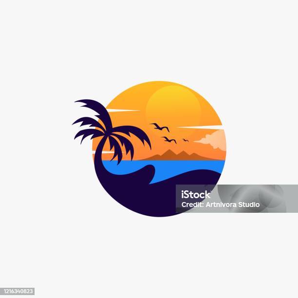 Vector Illustration Beach Landscape Vintage Badge Style Stock Illustration - Download Image Now