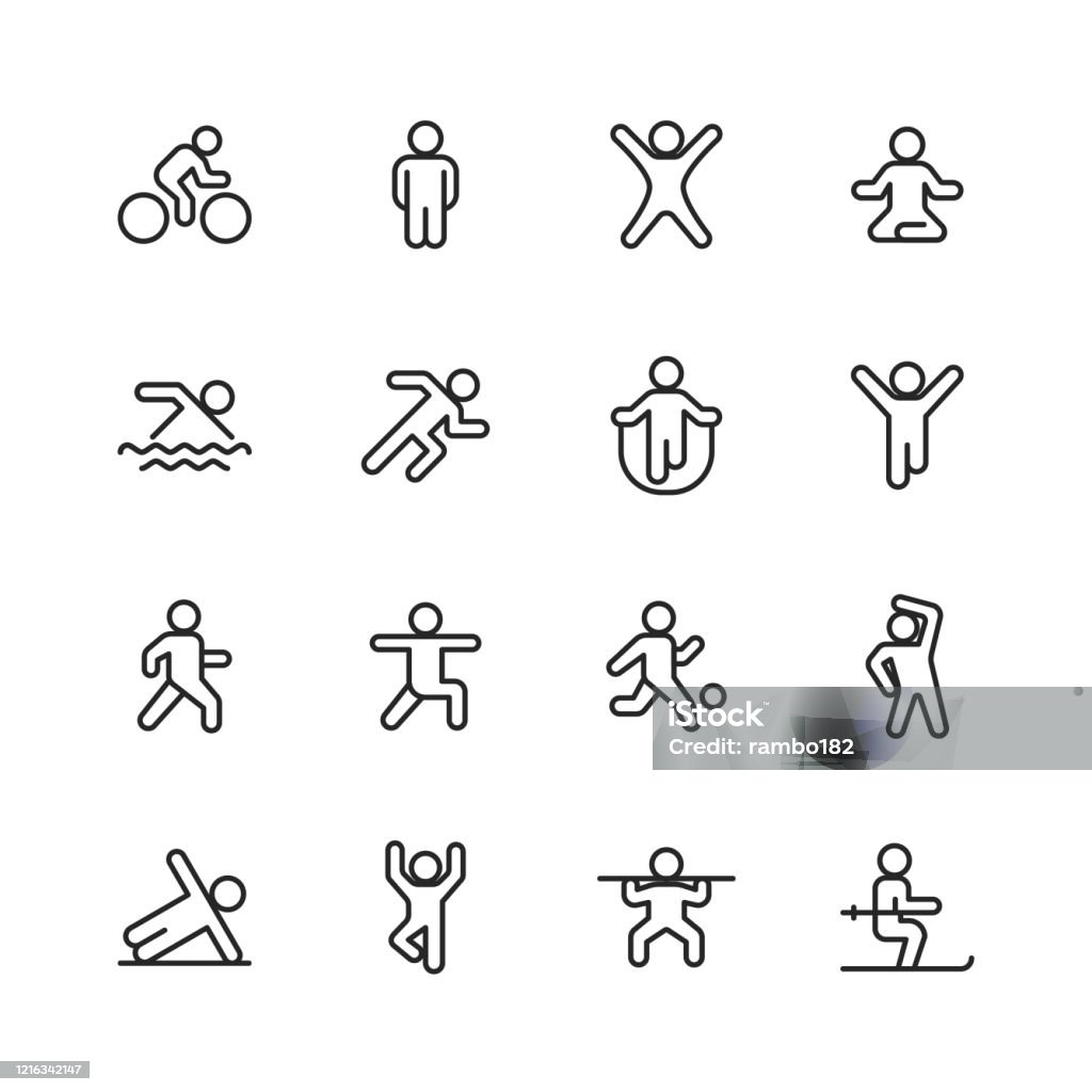 Exercising Line Icons. Editable Stroke. Pixel Perfect. For Mobile and Web. Contains such icons as Exercising, Running, Cycling, Yoga, Weightlifting, Stretching, Soccer, Football, Tennis, Basketball, Fighting, Aerobics, Bodybuilding, Walking. 16 Exercising Outline Icons. Icon Symbol stock vector