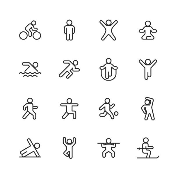 Exercising Line Icons. Editable Stroke. Pixel Perfect. For Mobile and Web. Contains such icons as Exercising, Running, Cycling, Yoga, Weightlifting, Stretching, Soccer, Football, Tennis, Basketball, Fighting, Aerobics, Bodybuilding, Walking. 16 Exercising Outline Icons. marathon icons stock illustrations