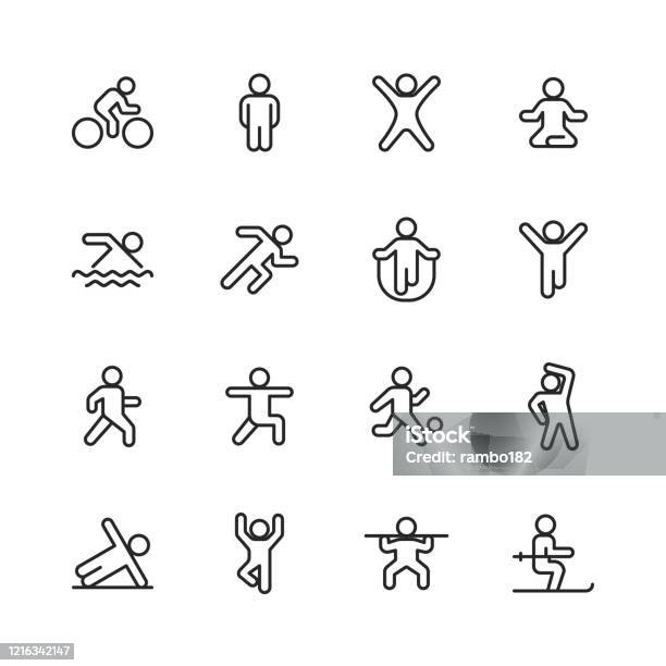 Exercising Line Icons Editable Stroke Pixel Perfect For Mobile And Web Contains Such Icons As Exercising Running Cycling Yoga Weightlifting Stretching Soccer Football Tennis Basketball Fighting Aerobics Bodybuilding Walking Stock Illustration - Download Image Now