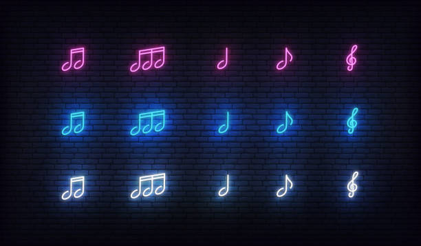 Musical notes neon set. Music notes glowing sign of purple, blue and white colors Musical notes neon set. Music notes glowing sign of purple, blue and white colors. neon music notes stock illustrations