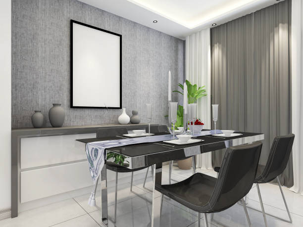 istock 3D rendering, spacious dining room design next to the modern kitchen, with a beautiful dining table and greenery 1216345388