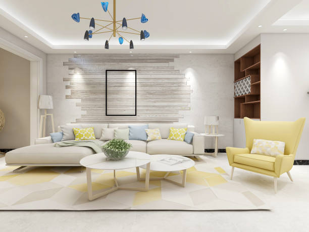 istock 3D rendering, spacious living room design of modern residence, with sofa, tea table, decorative painting, etc 1216345480