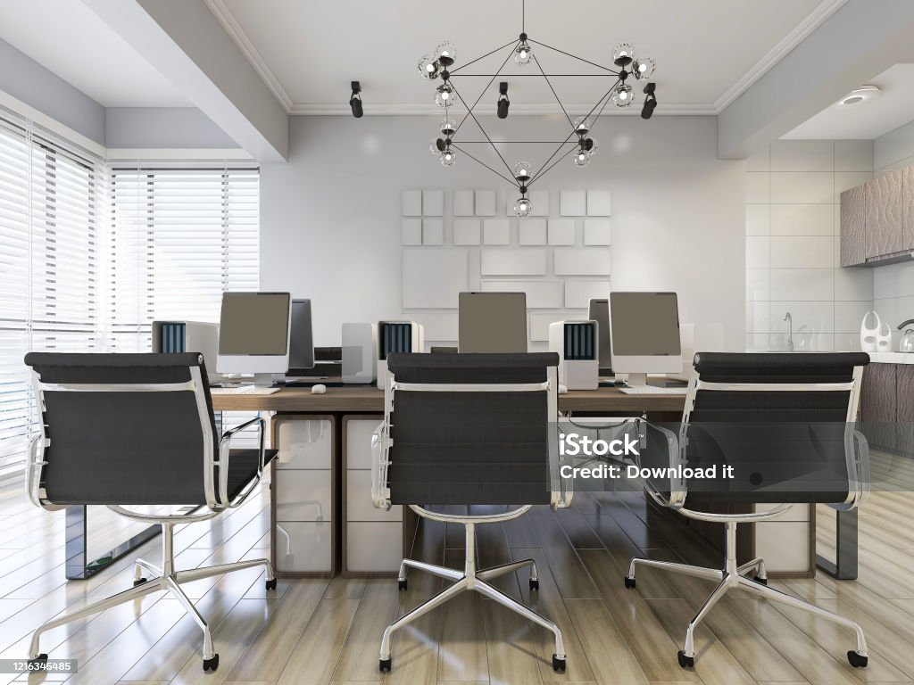 Modern Office Area Designs Include Computers And Computer Chairs Stock ...