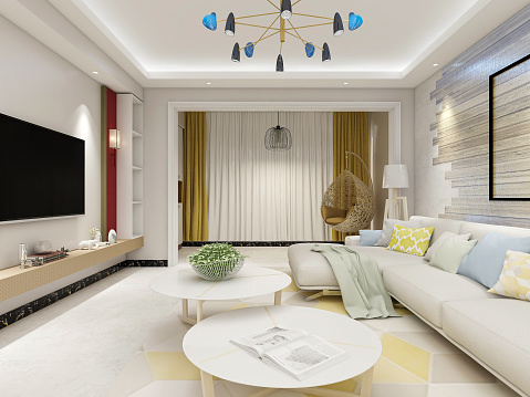 3d Rendering Spacious Living Room Design Of Modern Residence With Sofa ...