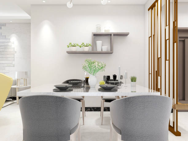 istock 3D rendering, warm dining room area design, wooden table and chair 1216346405