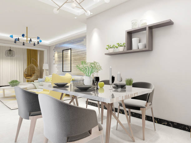 istock 3D rendering, warm dining room area design, wooden table and chair 1216346619