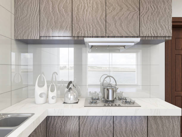 istock 3D rendering,Modern family kitchen design, new cabinets and kitchenware with refrigerators, sunlight from the window. 1216346631
