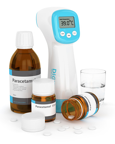 3d render of digital infrared thermometer and paracetamol over white background. Concept of acetaminophen as an antipyretic chemical.