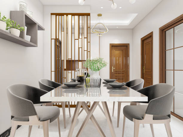 istock 3D rendering, warm dining room area design, wooden table and chair 1216347005