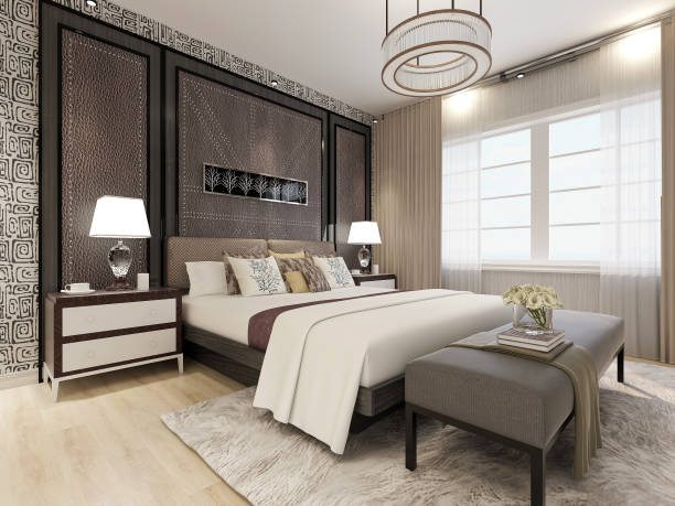 istock 3.3D rendering, elegant and spacious bedroom design in modern apartment, large wardrobe next to the big bed, also equipped with treadmill, TV and TV cabinet 1216347565