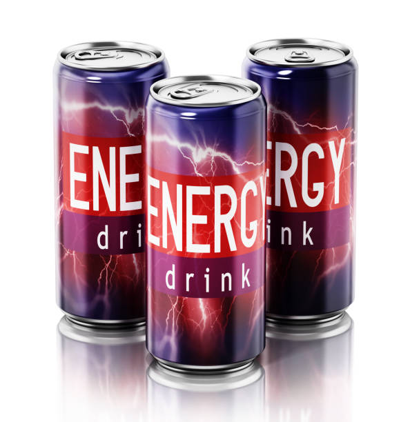 Cans of energy drinks on white with soft background