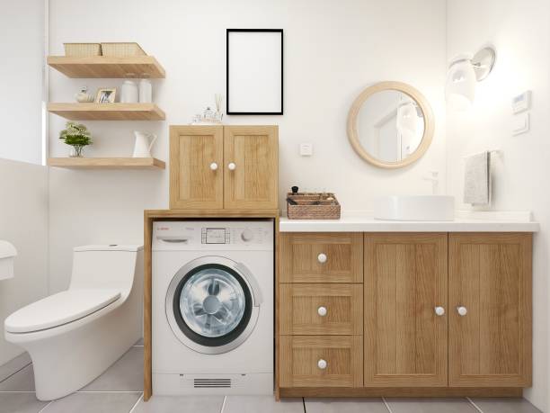 renderowanie 3d, czysta nowoczesna łazienka mieszkalna i konstrukcja toalety, która jest wyposażona w umywalkę, toaletę i prysznic itp. - washstand zdjęcia i obrazy z banku zdjęć