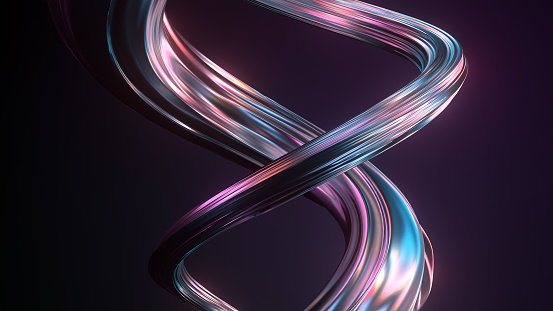 3d render of twisted shape made of chrome material. Iridescent  colorful reflections.