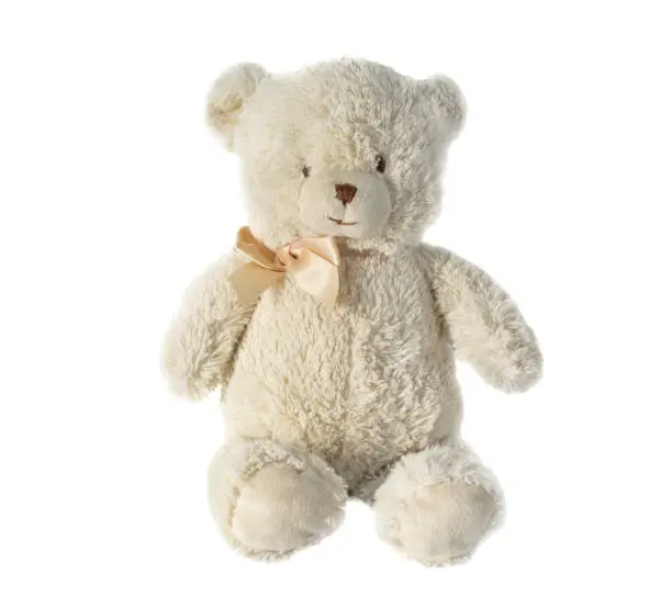 Photo of lovely brown teddy bear isolated on white background,mock up for card cerebration