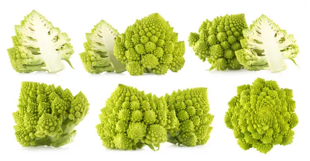 6 images of fresh romanesco broccoli isolated on white background