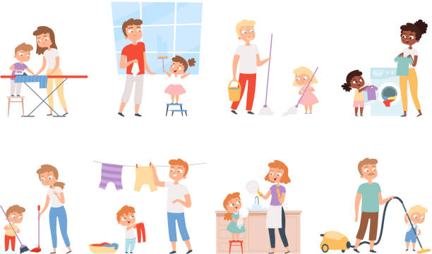 Children housework. Cleaning room washing appliance boys and girls helping parents vector cartoon people Children housework. Cleaning room washing appliance boys and girls helping parents vector cartoon people. Children helping parent, cleaning and housekeeper illustration father housework stock illustrations