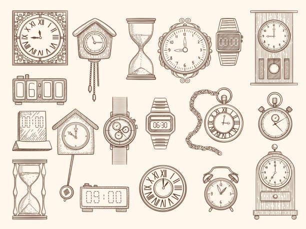 saatler ayarlandı. çizim saatleri zamanlayıcılar alarmlar vektör resimleri toplama - kum saati illüstrasyonlar stock illustrations