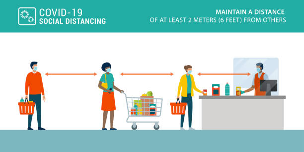 Social distancing and coronavirus prevention Social distancing and coronavirus covid-19 prevention: maintain a safe distance from others at the supermarket grocery store cashier stock illustrations