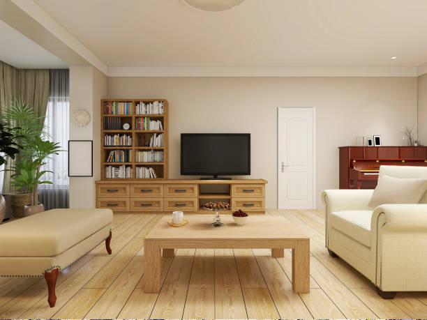 istock 3D rendering, clean and tidy modern living room design, with shoe cabinets, sofas, TVs, tables, lounge chairs, piano and other facilities in the door 1216351302