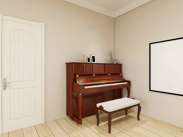 3D rendering, clean and tidy modern living room design, with shoe cabinets, sofas, TVs, tables, lounge chairs, piano and other facilities in the door