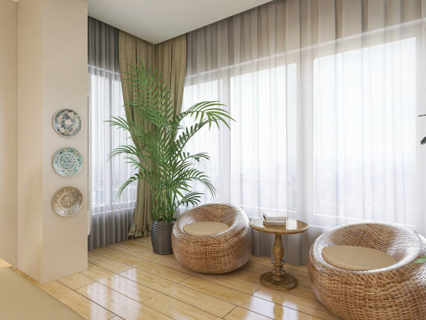istock 3D rendering, spacious and bright urban residential closed balcony design, green plants with wooden tables and chairs are leisure and comfortable. 1216351826