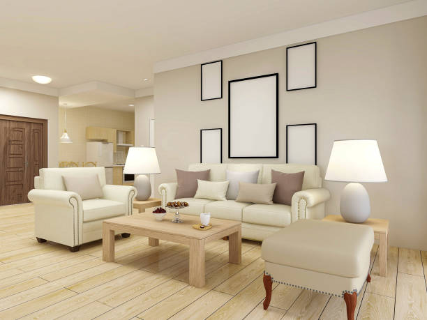 istock 3D rendering, clean and tidy modern living room design, with shoe cabinets, sofas, TVs, tables, lounge chairs, piano and other facilities in the door 1216351844