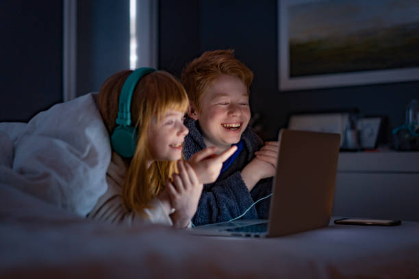 istock Brother and sister having fun watching on computer 1216351927