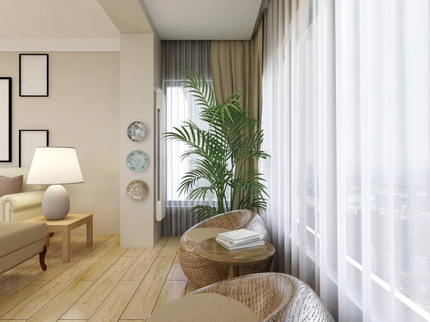 istock 3D rendering, spacious and bright urban residential closed balcony design, green plants with wooden tables and chairs are leisure and comfortable. 1216351991
