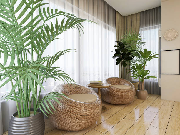 istock 3D rendering, spacious and bright urban residential closed balcony design, green plants with wooden tables and chairs are leisure and comfortable. 1216351994