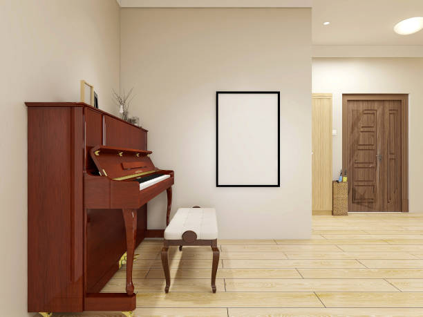 istock 3D rendering, clean and tidy modern living room design, with shoe cabinets, sofas, TVs, tables, lounge chairs, piano and other facilities in the door 1216351999